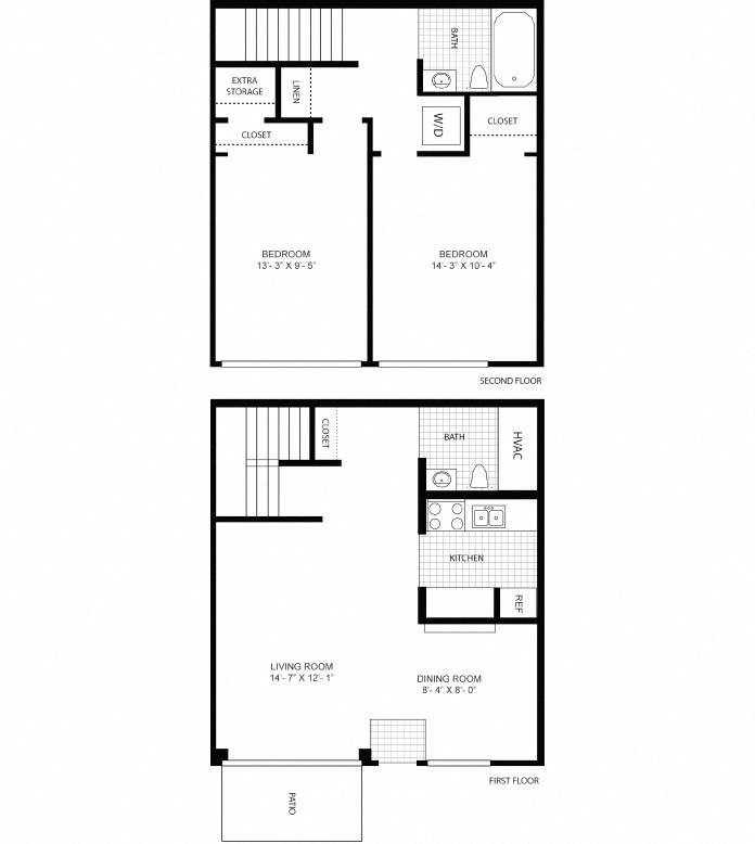 Floor plan for 2 beds, 1.5 baths, 951 sqft
